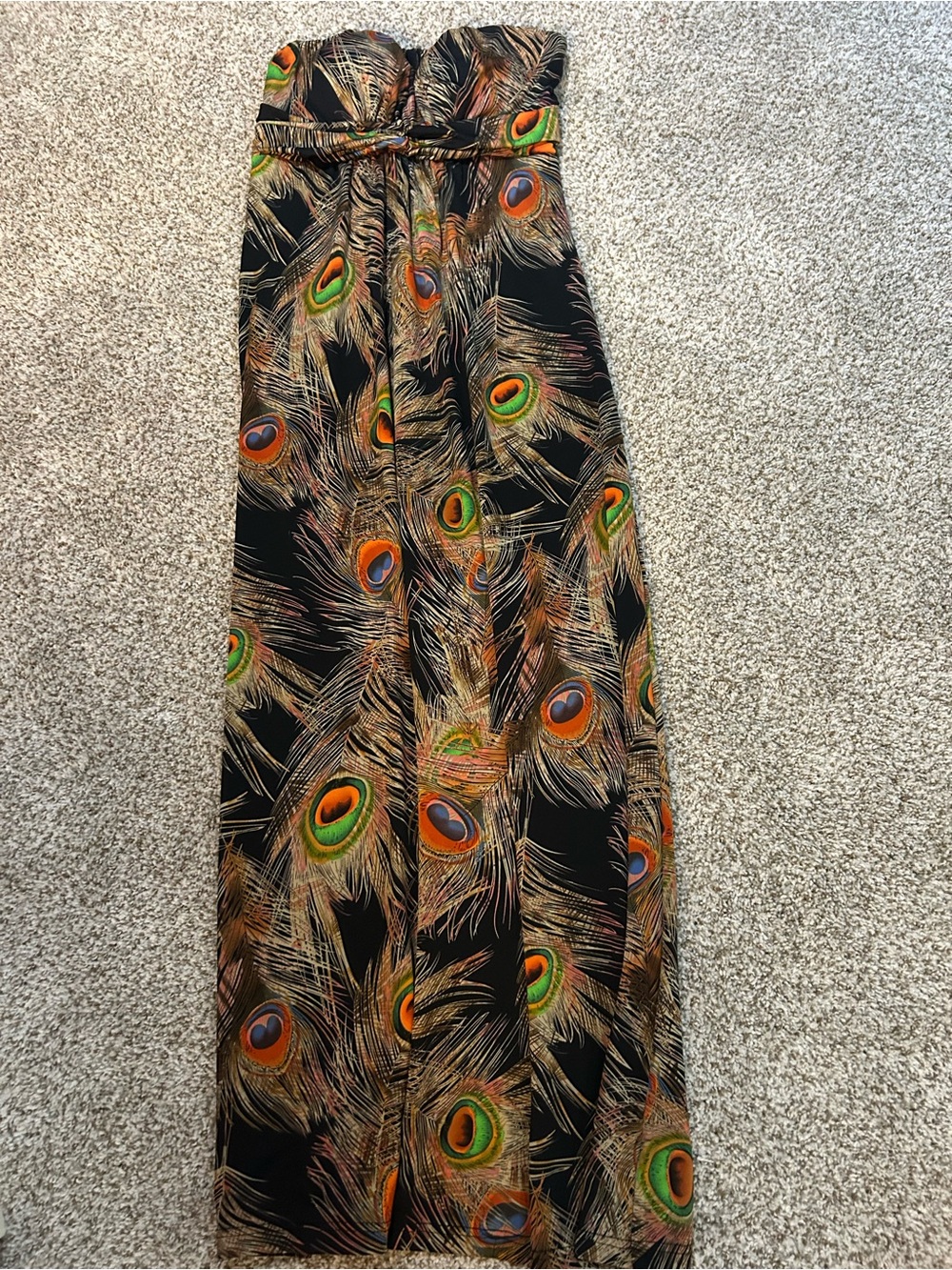 Anthropologie Strapless Peacock Feather Print Maxi Dress